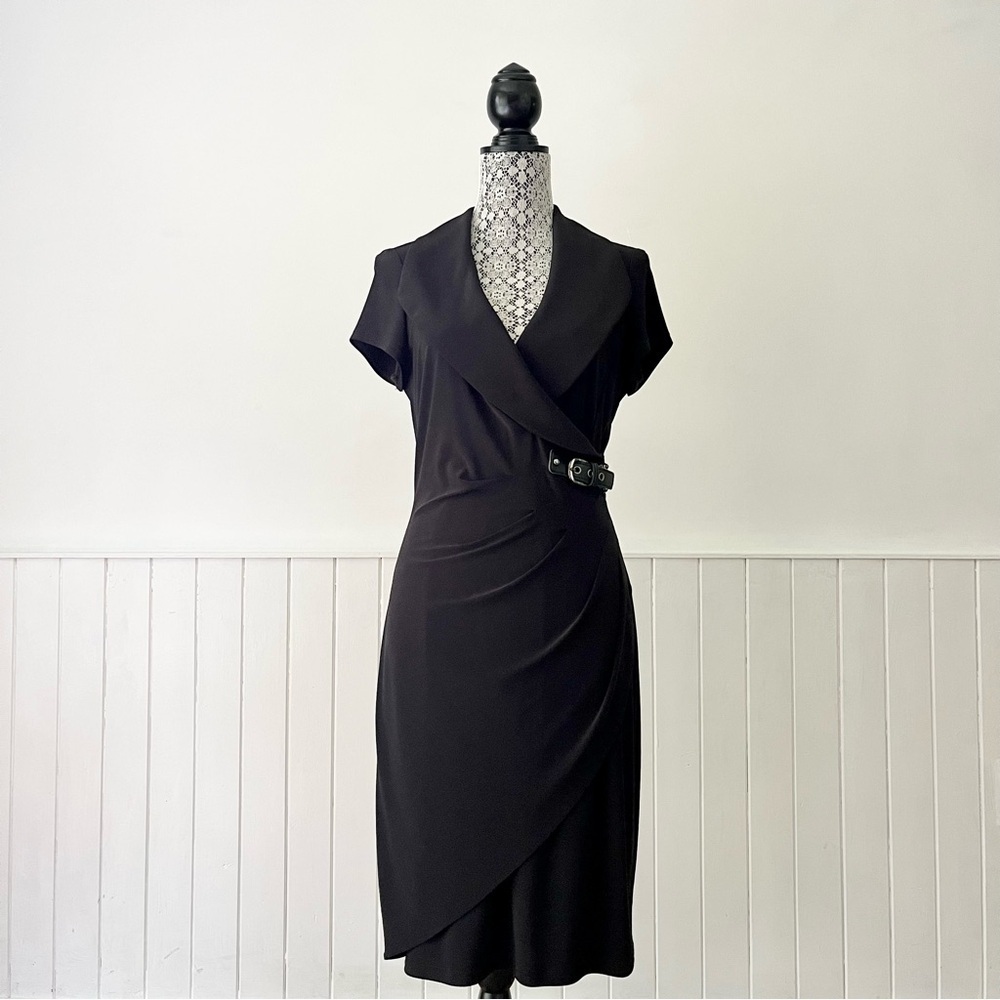 Joseph Ribkoff Shawl Collar Draped Faux Wrap Cap Sleeve Belted Dress Size 10